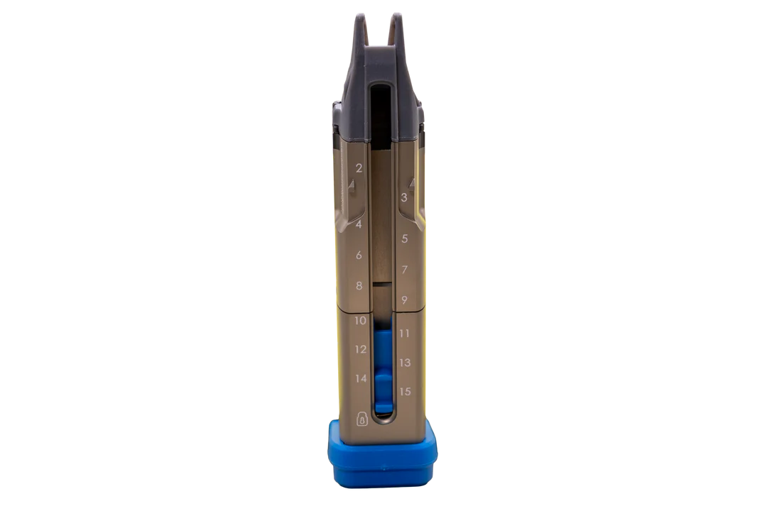 Chargeur UNIT9 Compact vue de face — fenêtre de comptage 15 cartouches, base bleue UNIT Solutions