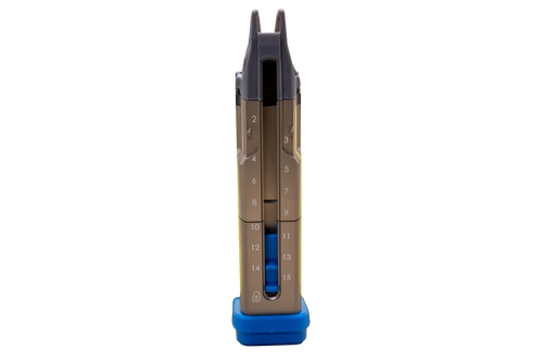 Chargeur UNIT9 Compact vue de face — fenêtre de comptage 15 cartouches, base bleue UNIT Solutions