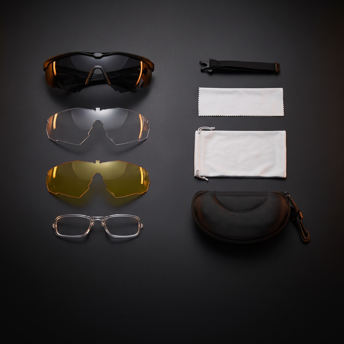 Lunettes tactiques — contenu complet du kit, monture et 3 verres interchangeables