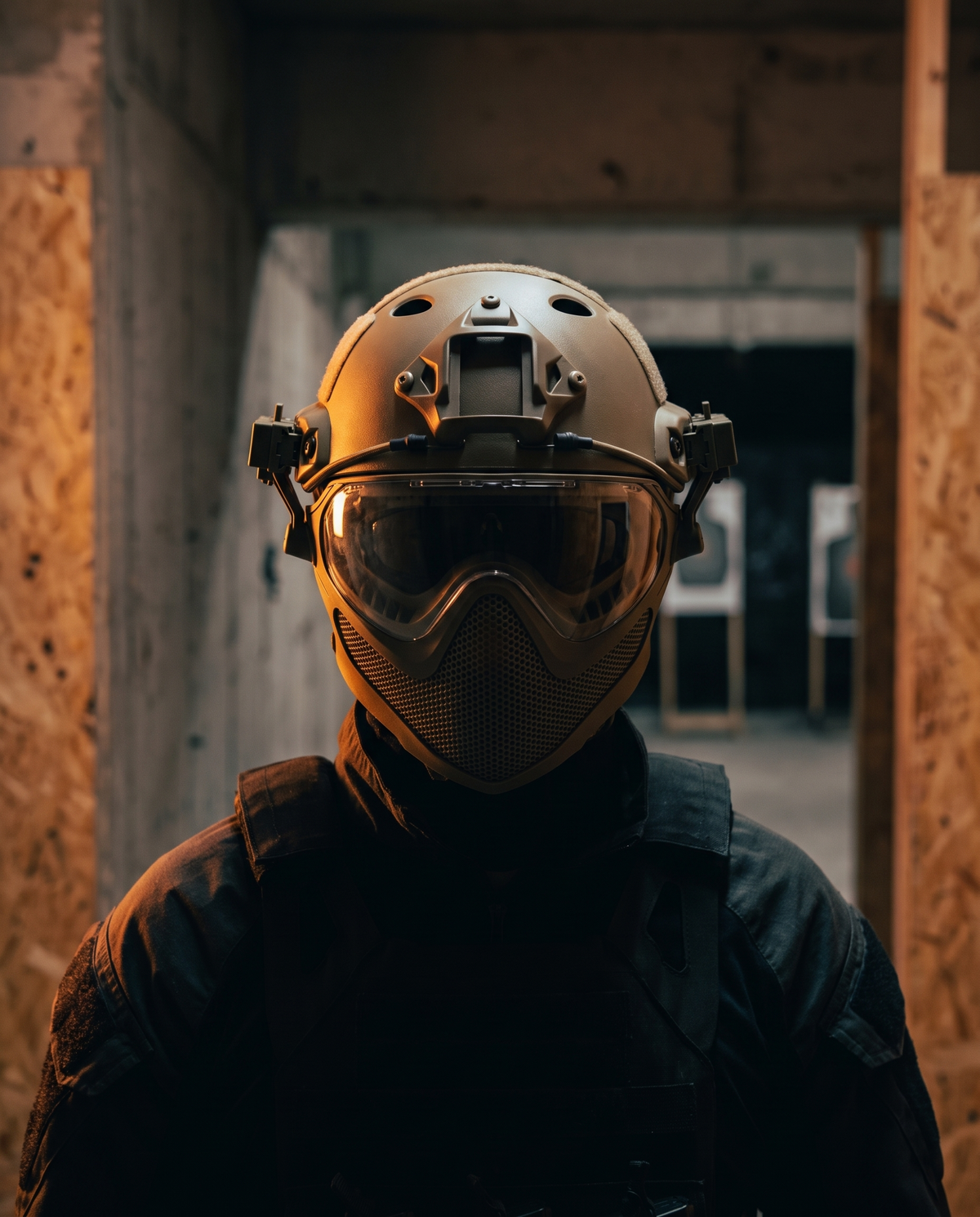 Casque FAST tactique porté en environnement d'entraînement CQB