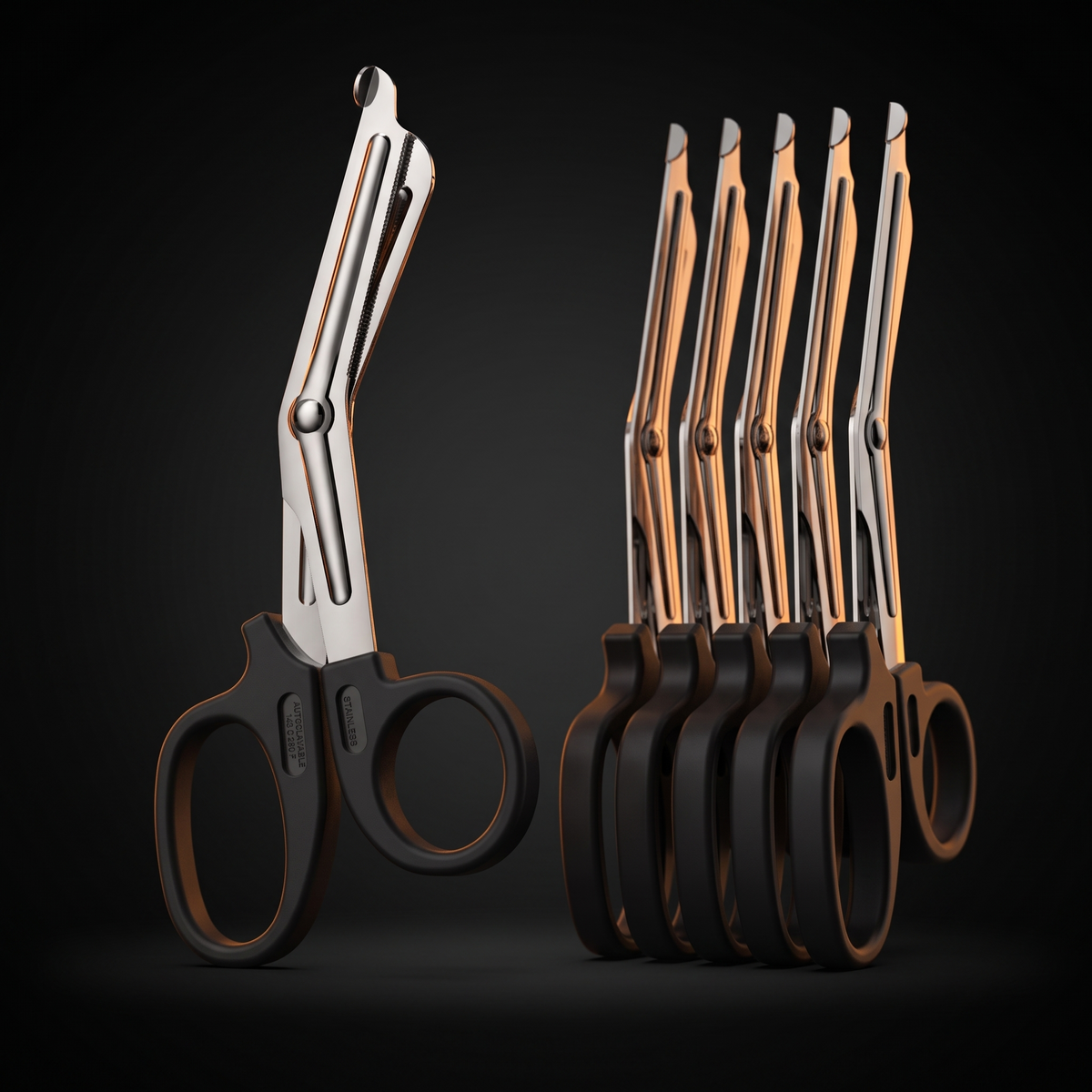 Ciseaux trauma tactiques — vue produit studio, lot de 1 et de 5