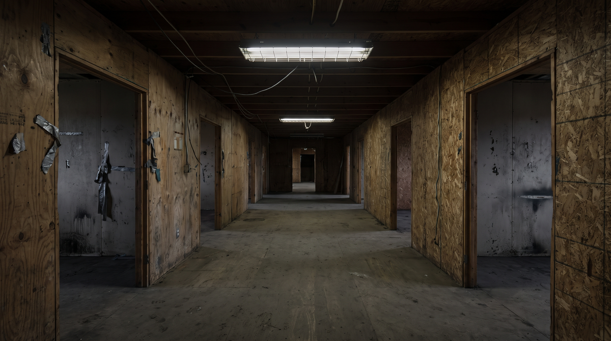 Shooting House Charlie — long couloir central, multiples embranchements