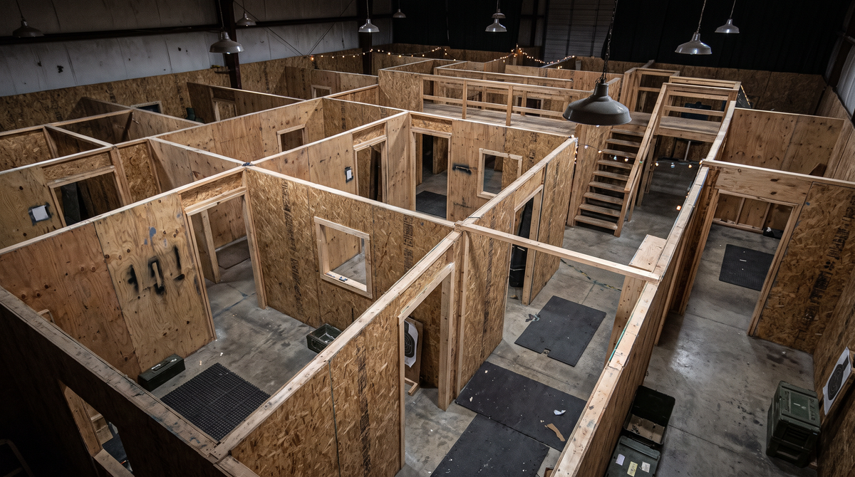Shooting House Charlie — vue élevée multi-pièces, complexe avancé