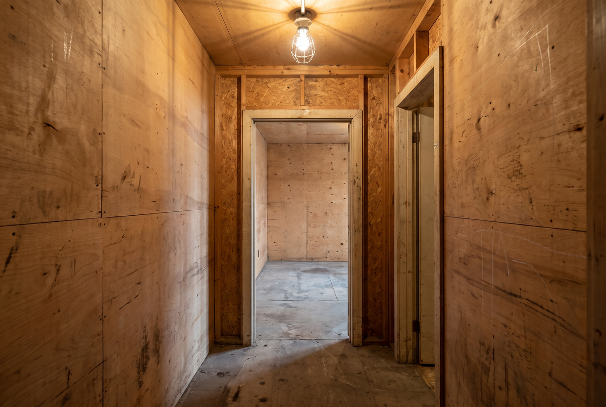 Shooting House Alpha — intérieur couloir et pièce, panneaux bois modulaires