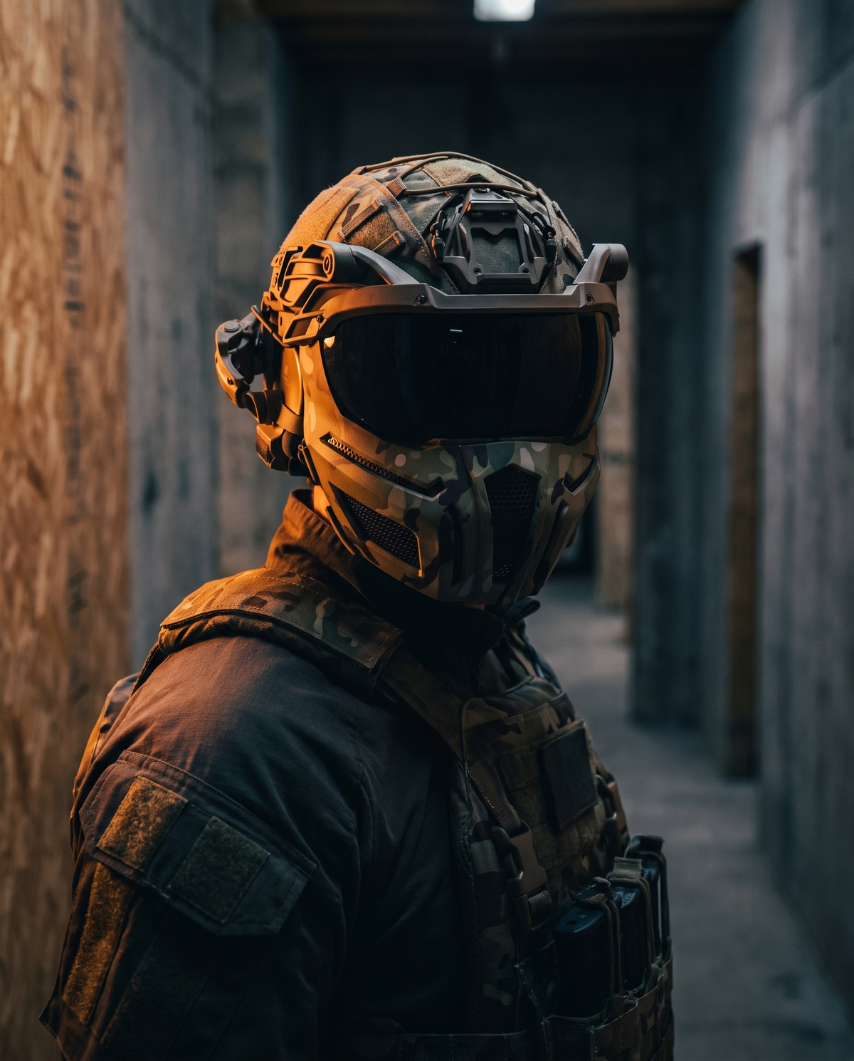 Casque FAST ABS porté par un opérateur anonyme en corridor d'entraînement CQB
